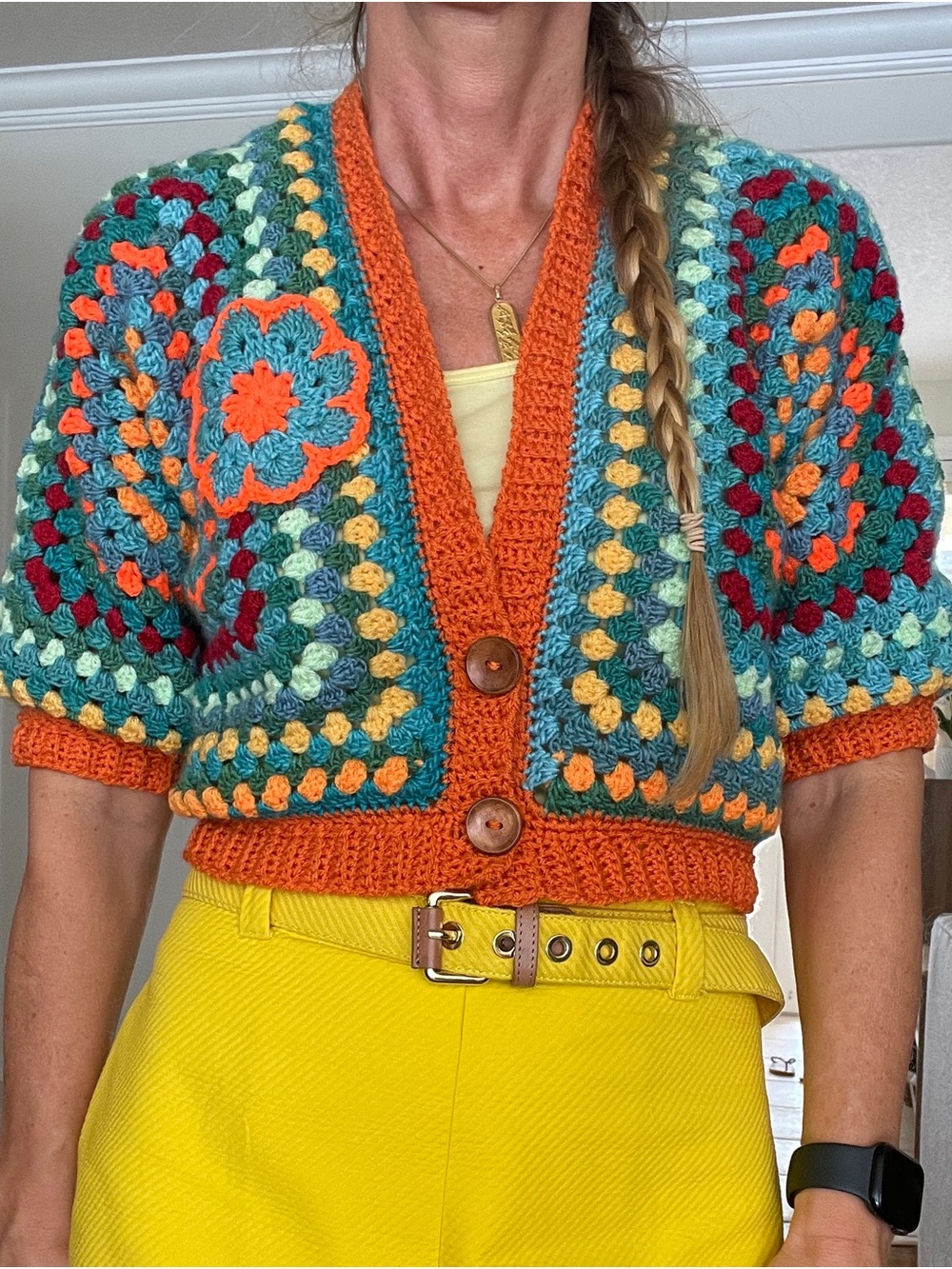 Hand-Crocheted Multicolor Granny Square Cardigan - Orange Trim